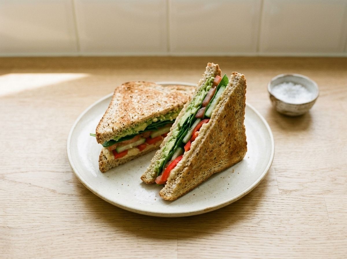 The finished sandwich cut corner to corner, the cut face showing its layers