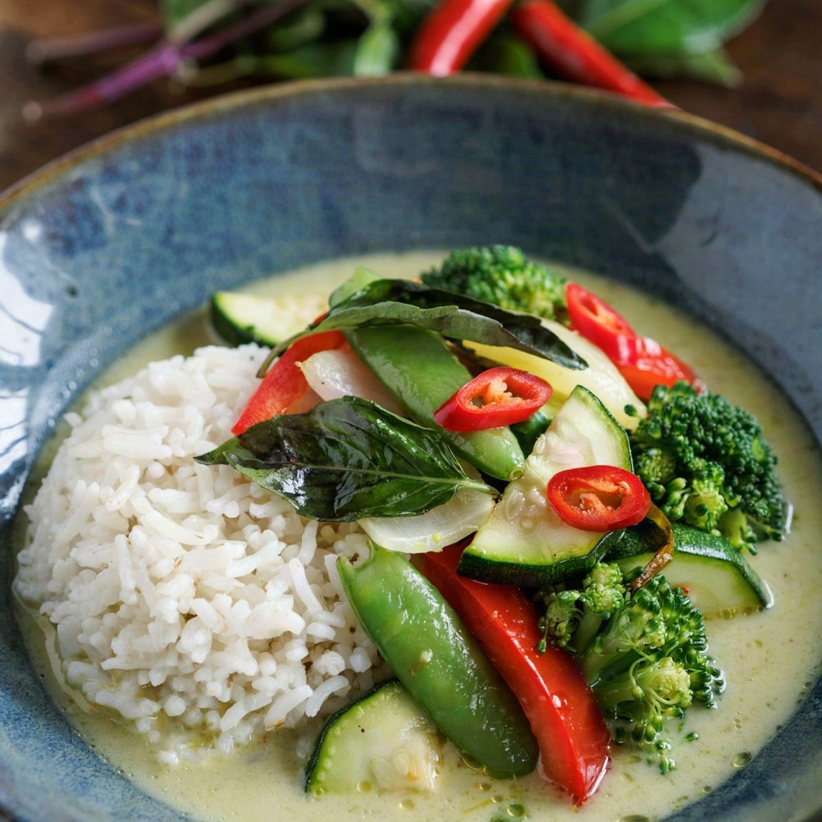 Vegan Thai green curry in a slate blue bowl, broccoli, red pepper, zucchini and snap peas in a pale green coconut sauce beside jasmine rice, topped with Thai basil and sliced red chili
