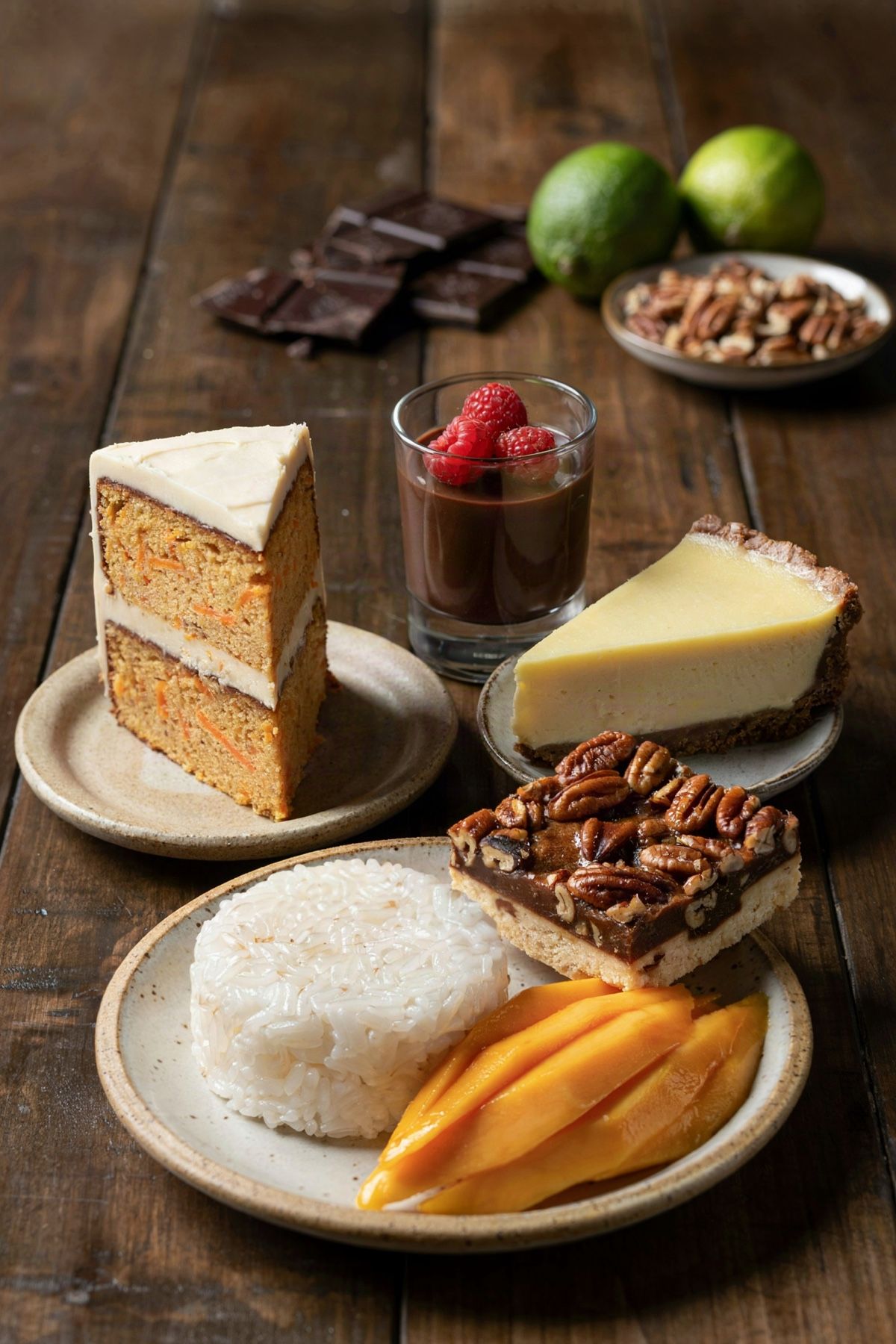 Five vegetarian desserts on a dark wooden table: a slice of two-layer carrot cake under off-white frosting, a glass of dark chocolate mousse topped with raspberries, a wedge of pale yellow key lime pie on a dark crumb crust, a pecan pie bar, and mango with sticky rice.
