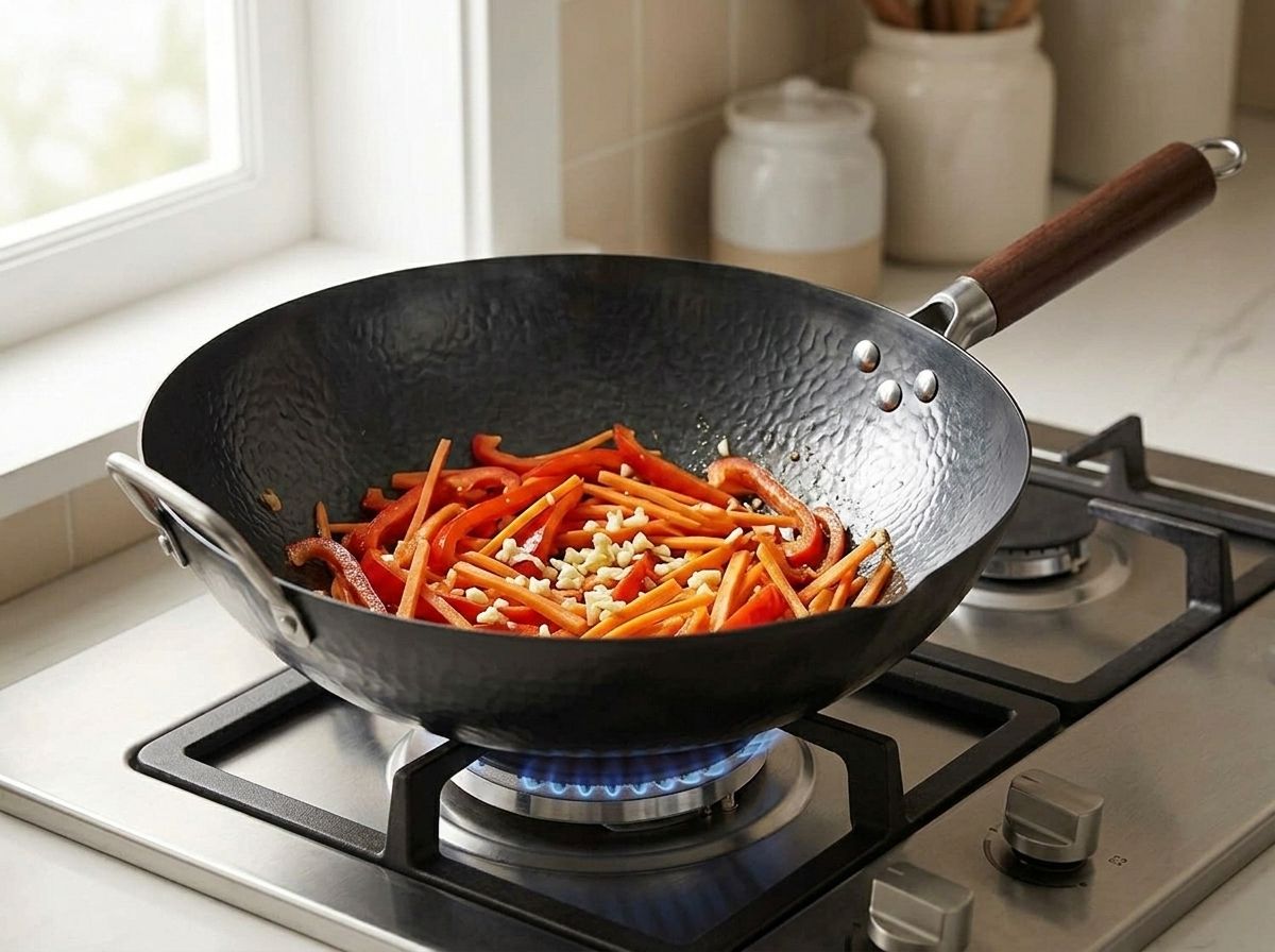 Bell pepper, carrot and garlic stir-frying in the wok until tender-crisp