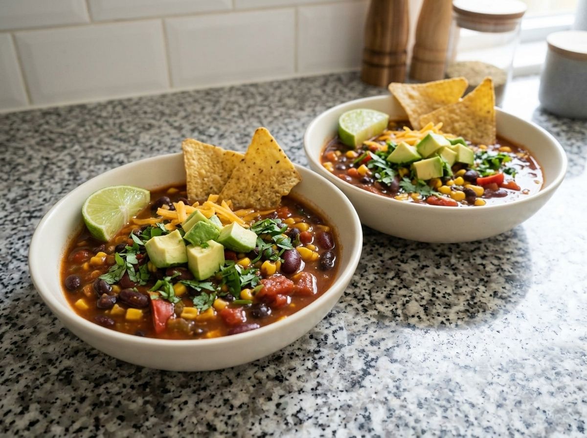 Two bowls of taco soup topped with avocado, cilantro, cheese and tortilla chips, with a lime wedge