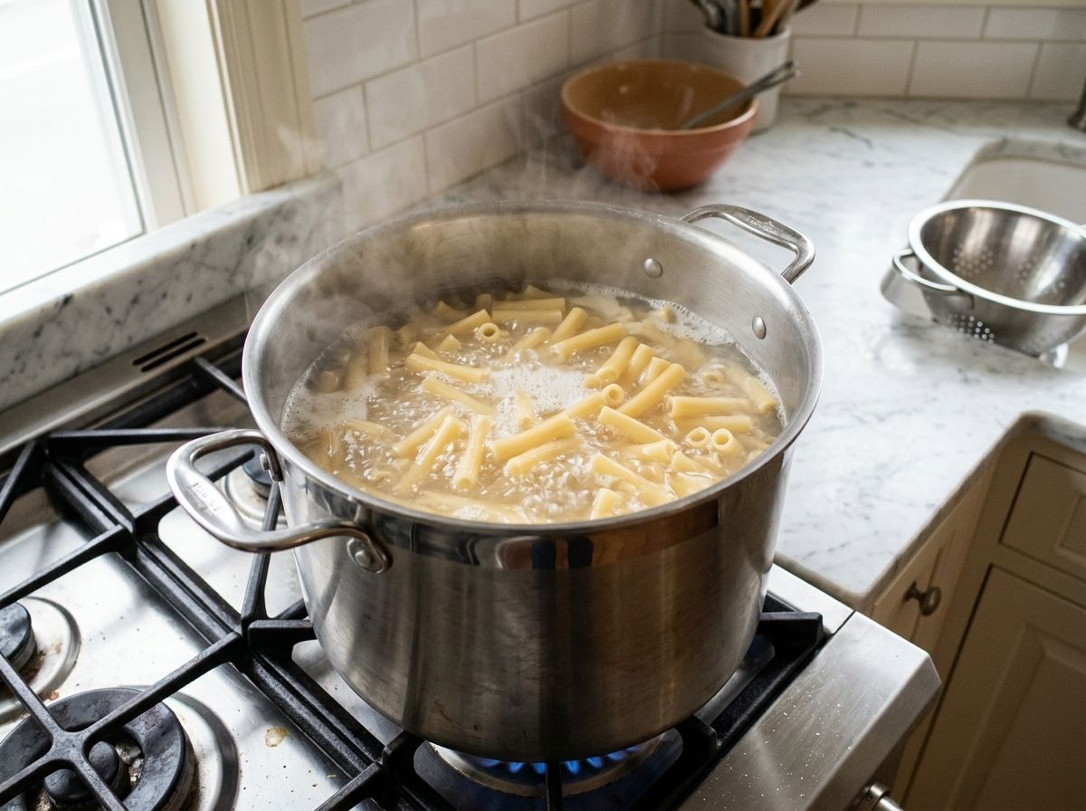Ziti boiling in a large stainless steel pot, pulled three minutes short so the tubes stay firm