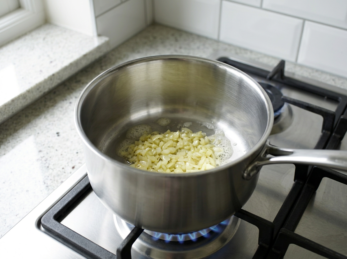 Finely chopped onion softening in melted vegan butter in a stainless steel saucepan.