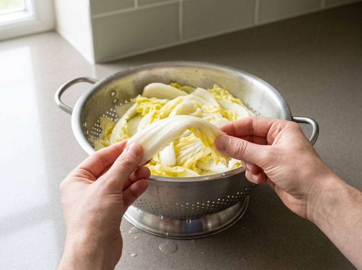 Bending a salted cabbage stem in half over a colander of rinsed cabbage to test it