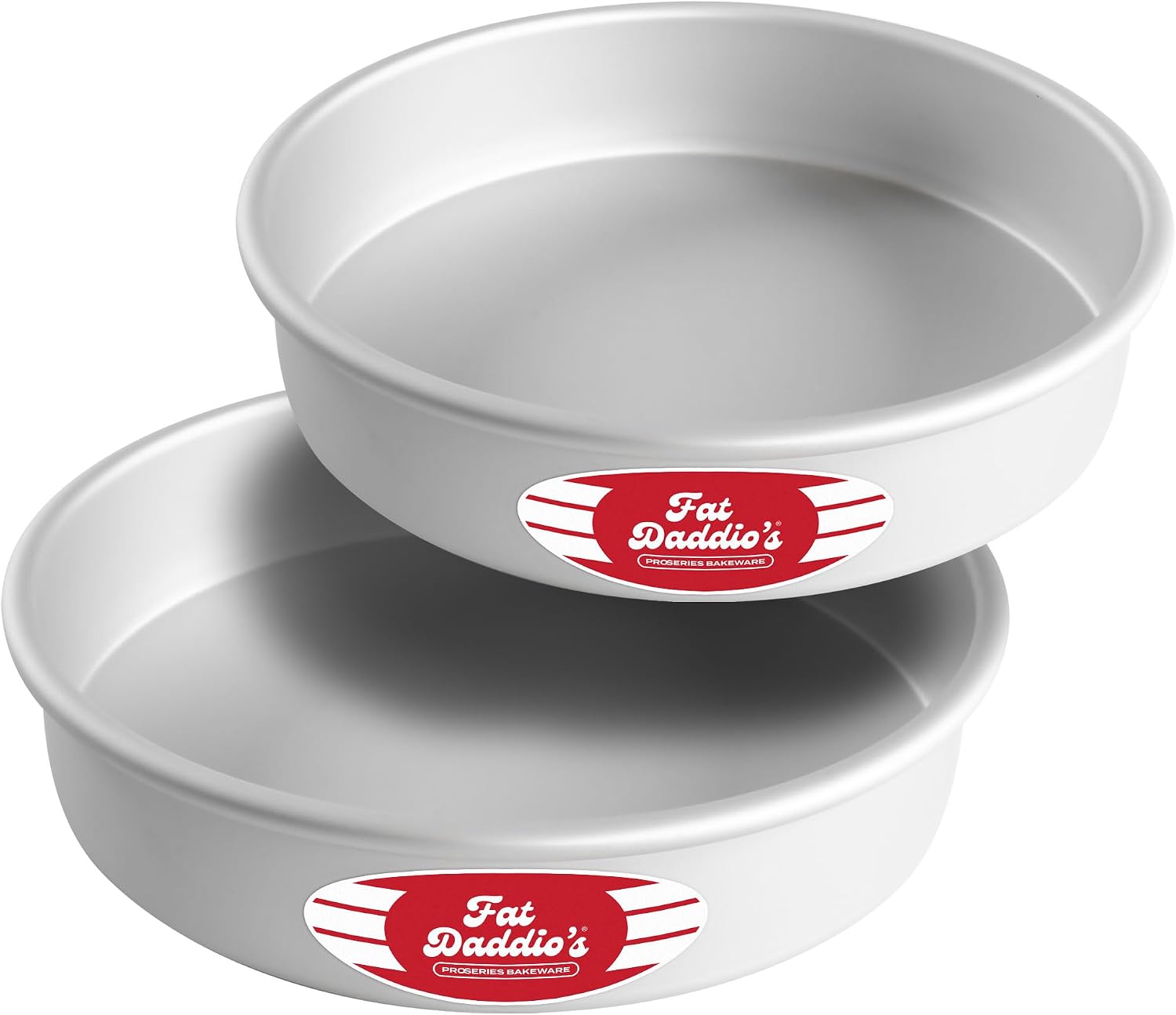 Two silver anodized aluminum round cake pans stacked at an angle