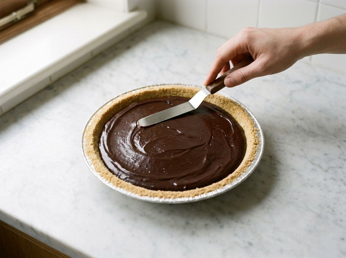The dark chocolate filling scraped into the crumb crust and levelled with an offset spatula