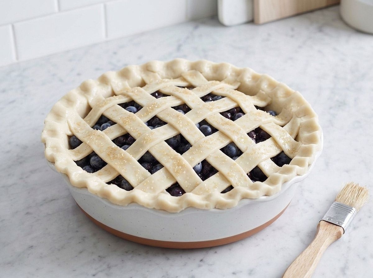 A raw woven pastry lattice crimped over the blueberry filling and scattered with demerara sugar