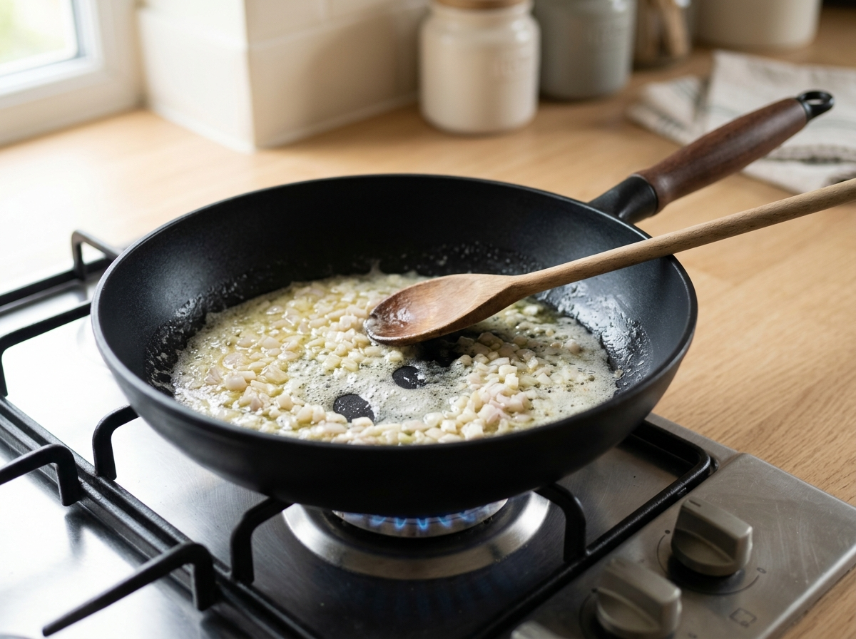 Finely diced shallot softening in melted vegan butter in a black skillet over a low gas flame.