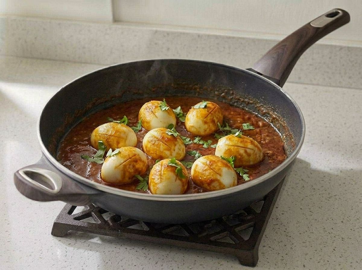 The finished egg curry off the heat, scattered with fresh cilantro, eggs half submerged in glossy red gravy.