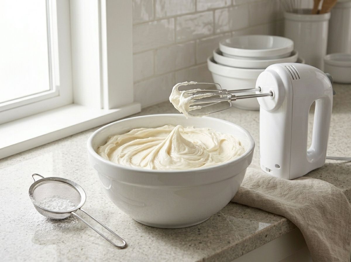 Stiff vegan cream cheese frosting holding a firm peak on the beater