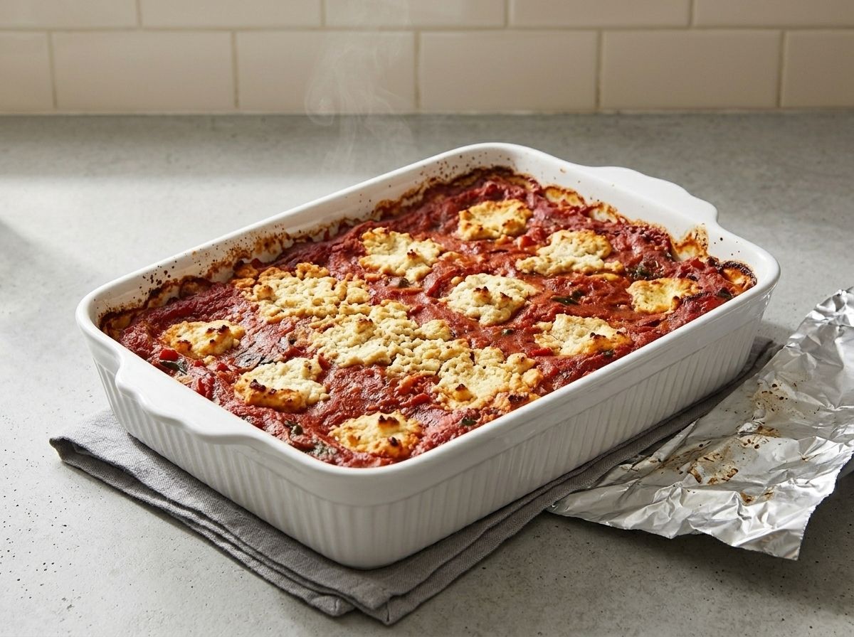 The baked lasagna bubbling at the edges with the ricotta on top gone golden at the tips