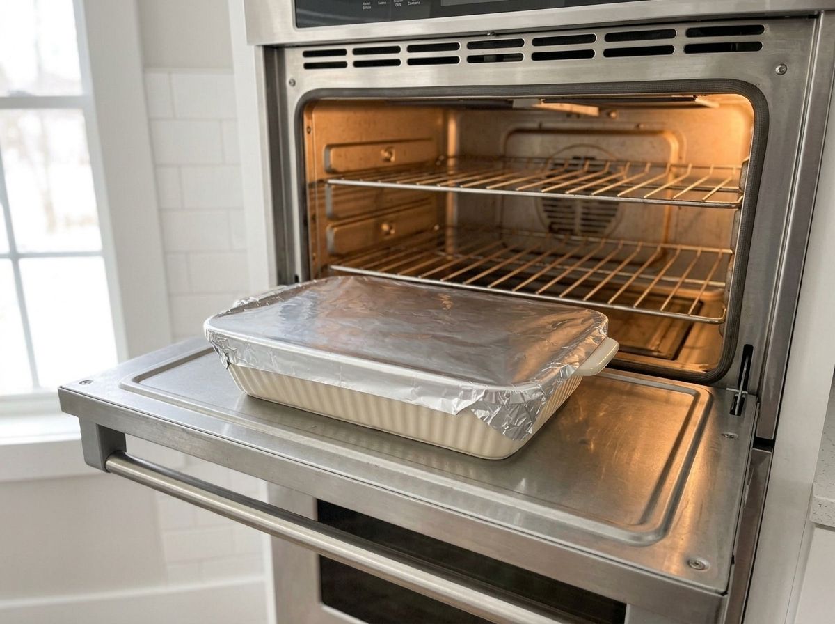 The baking dish covered tightly with foil and going into the oven.