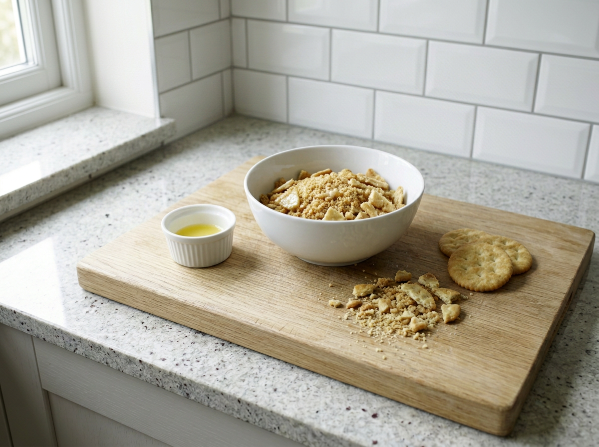 Crushed buttery crackers tossed with melted vegan butter in a bowl, ready to top the casserole.