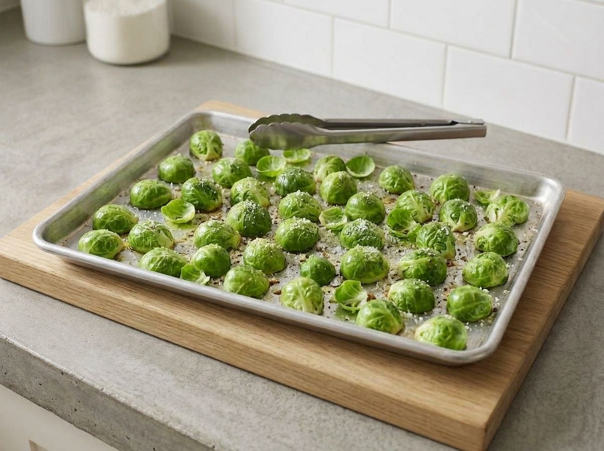 Raw Brussels sprout halves arranged cut side down on the hot baking sheet, resting on a wooden board, loose leaves tucked into the gaps.