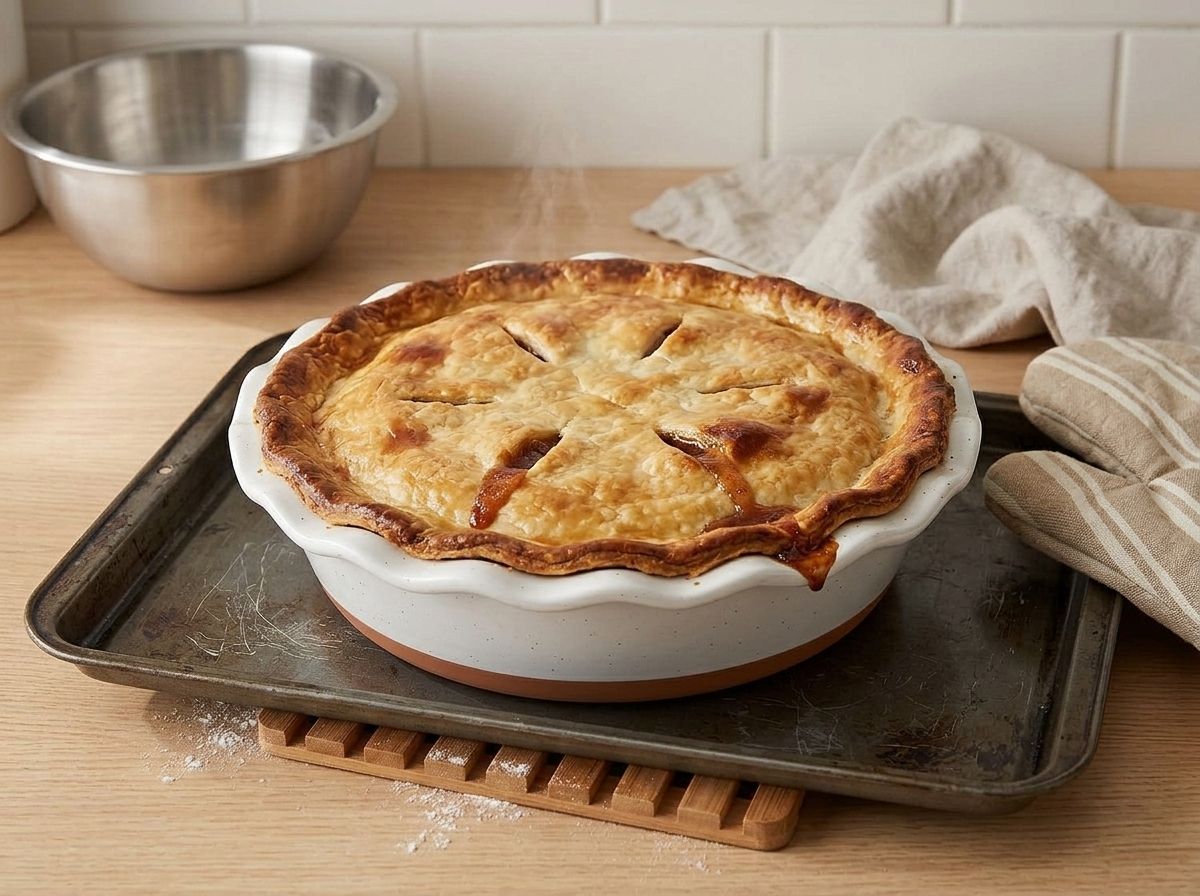 The baked pie straight out of the oven, thick juice bubbling up through the vents and the crimped edge darker than the middle