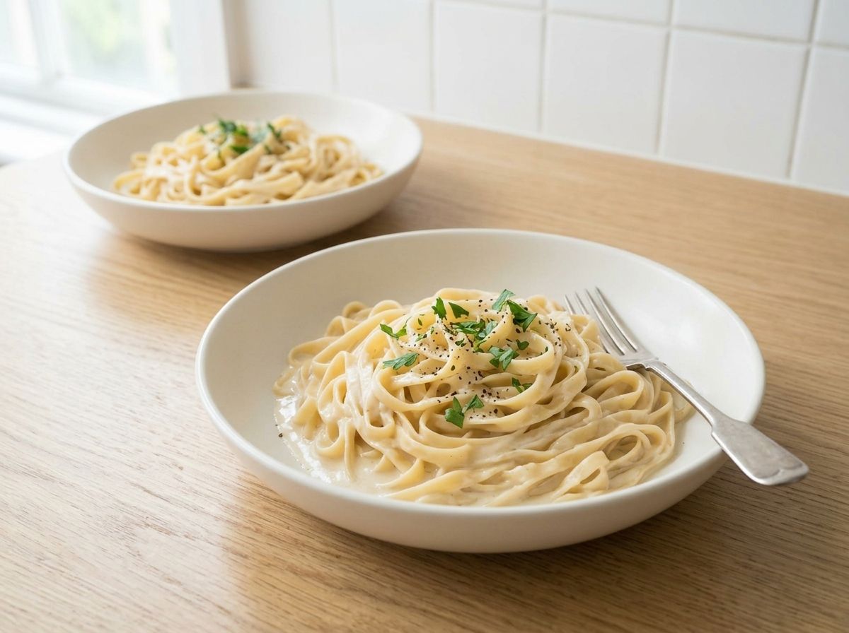 Vegan fettuccine Alfredo served in a warm white bowl, topped with chopped parsley and cracked black pepper