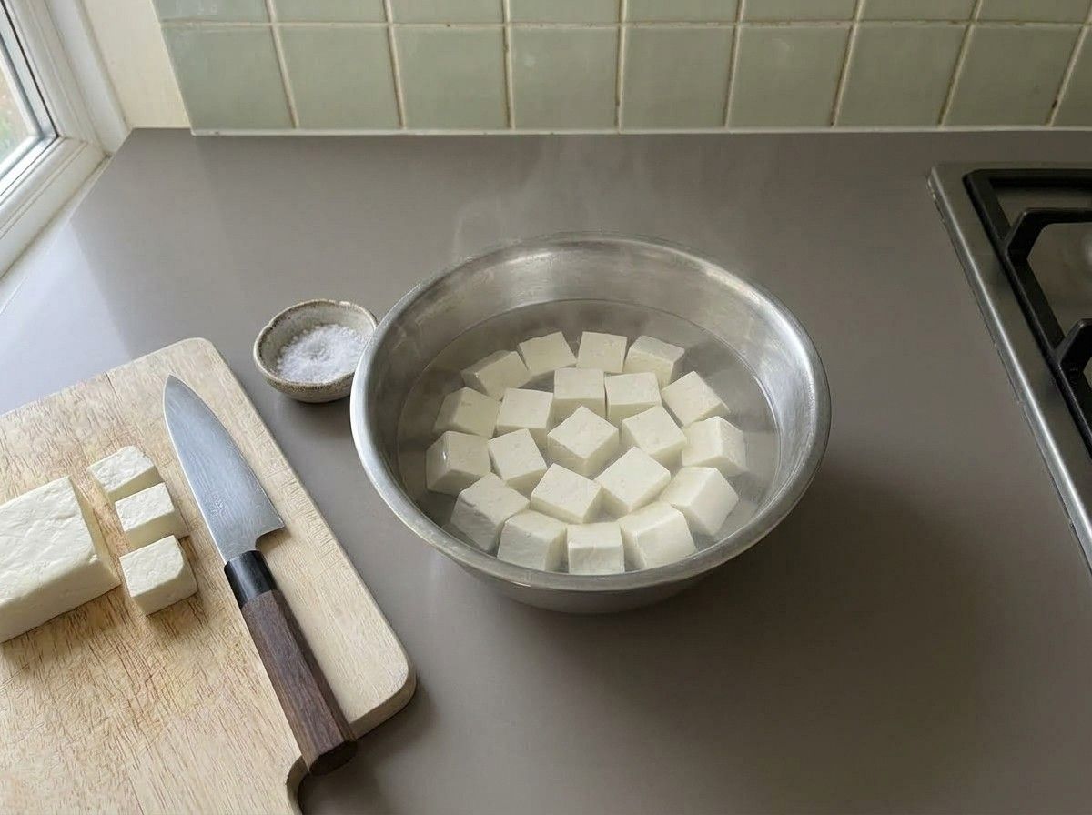 Cubes of paneer soaking in a stainless steel bowl of hot salted water to soften