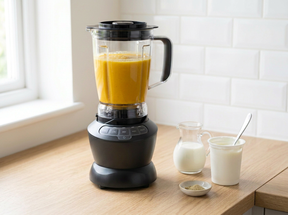 The lassi blended smooth in the jug, one uniform golden orange with a light froth on top