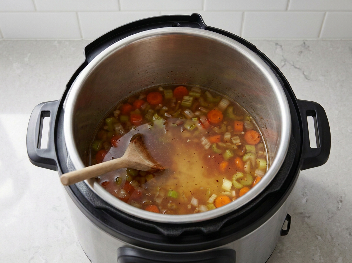Vegetable broth poured into the Instant Pot, a wooden spoon scraping the browned residue off the base