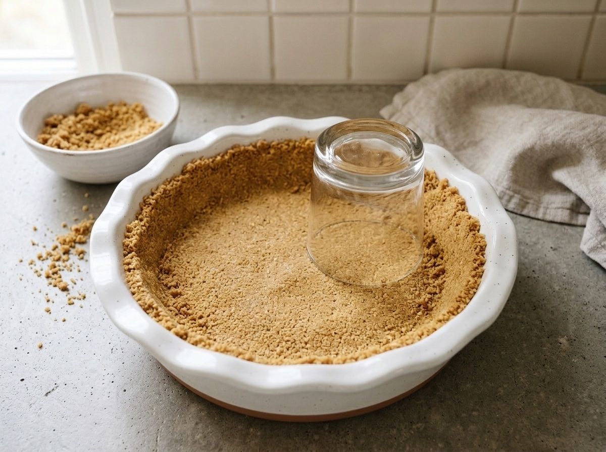 Graham cracker crumbs pressed into a ceramic pie dish with the flat base of a glass