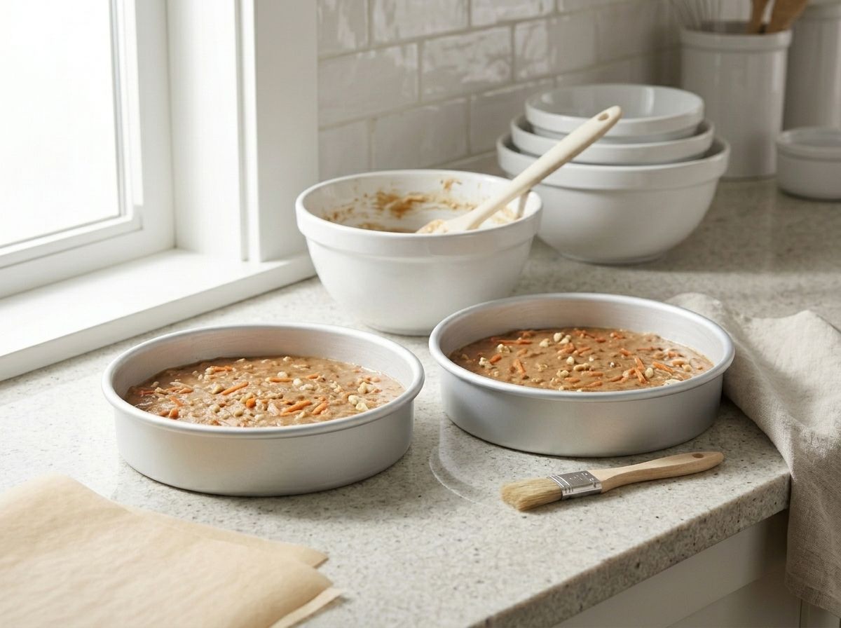 Raw carrot cake batter divided between two 8-inch pans in shallow even layers