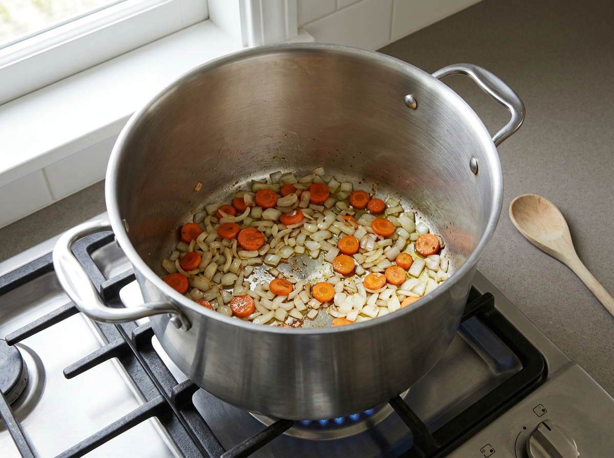 Onion and thin carrot coins softening in olive oil in the bottom of a large stockpot