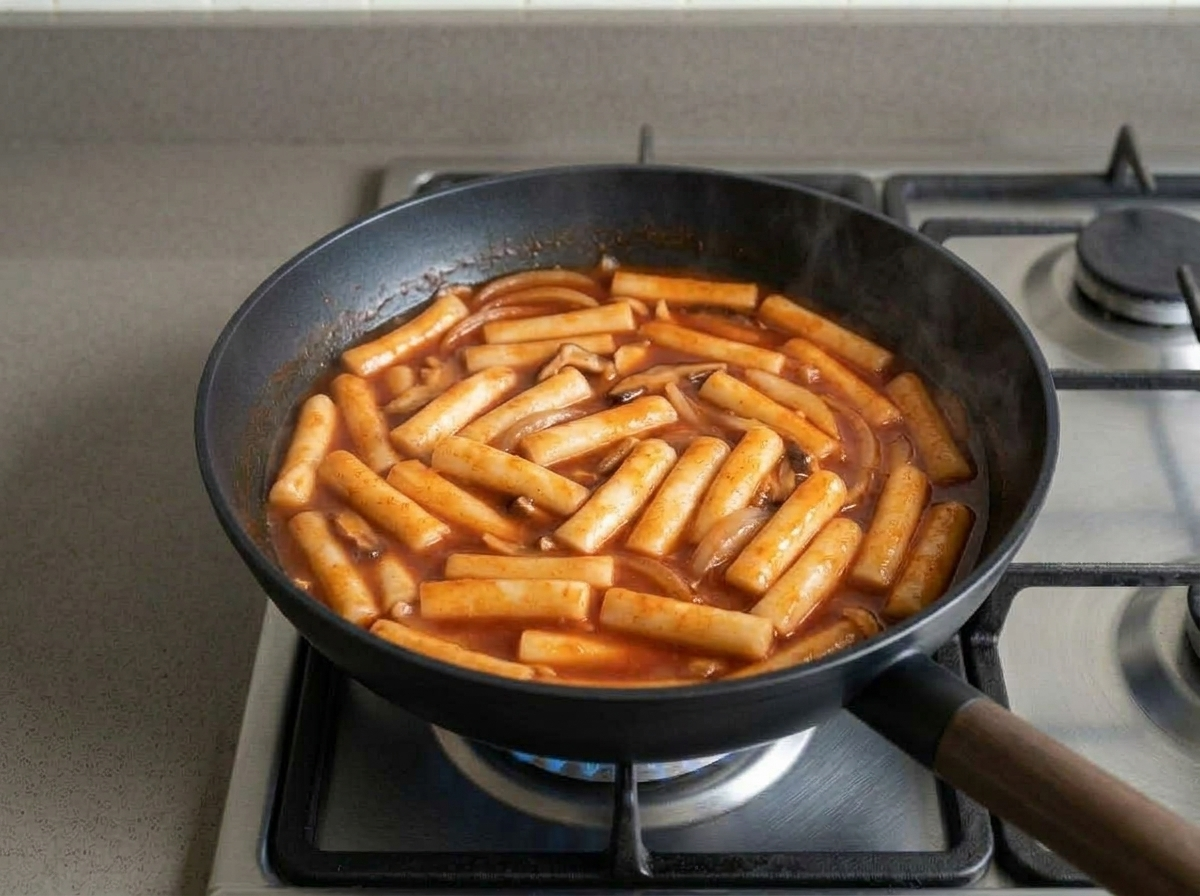 Rice cakes added to the simmering red sauce, crowding the pan as the sauce thickens around them.