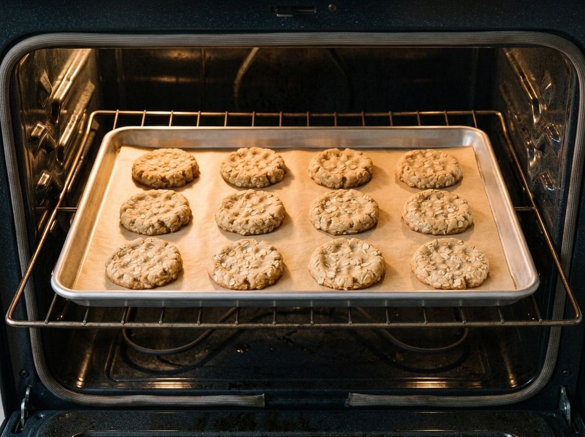 The cookies baking on the middle oven rack, edges just turning golden