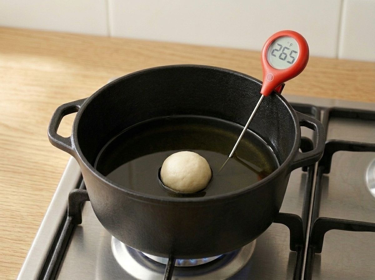 Frying fat coming up to temperature in a cast iron pot with a thermometer clipped to the rim and one test ball on the bottom