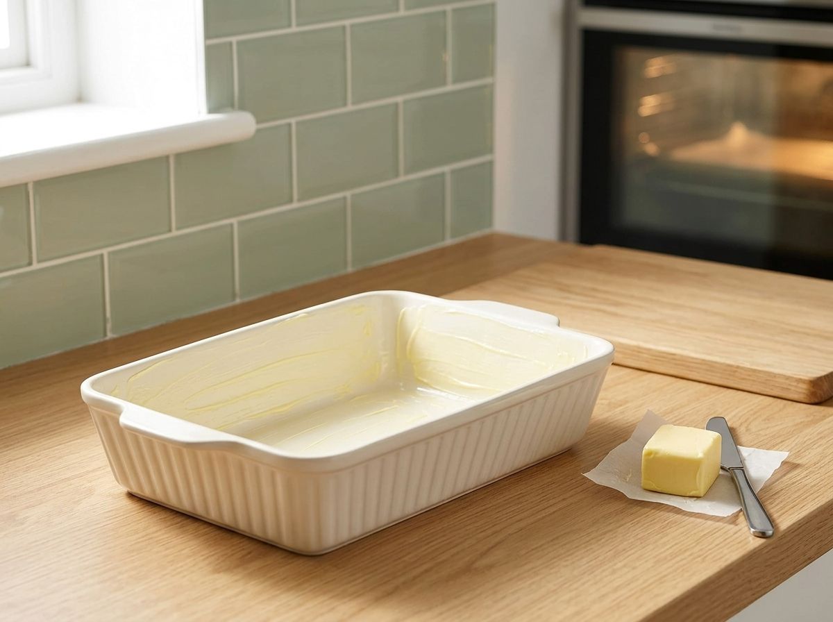 A cream stoneware baking dish rubbed all over the inside with vegan butter, ready to be filled.