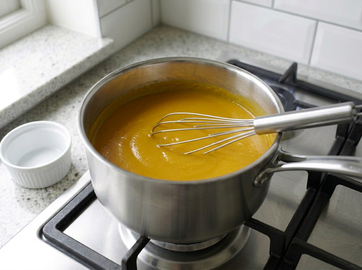 The sauce off the heat, whisked to a smooth deep orange-gold once the cheese, nutritional yeast and miso have gone in.