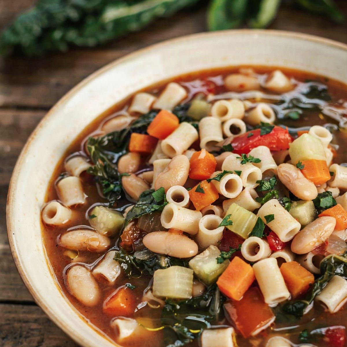 Vegan minestrone soup in a cream bowl, a brick red broth with cannellini beans, ditalini pasta, diced carrot, celery and zucchini, red bell pepper and dark green kale, finished with a drizzle of olive oil and chopped parsley.
