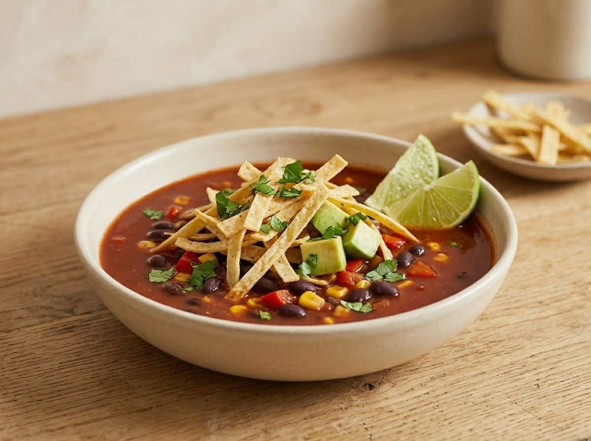 The finished tortilla soup in a bowl, topped with tortilla strips, avocado, cilantro and lime wedges
