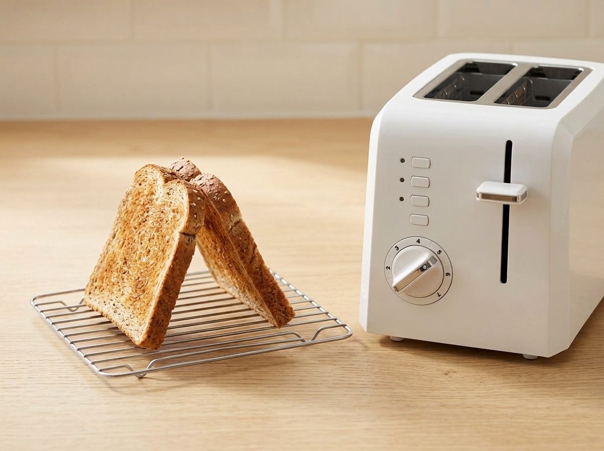 Two slices of whole grain toast standing on edge on a rack beside the toaster to cool