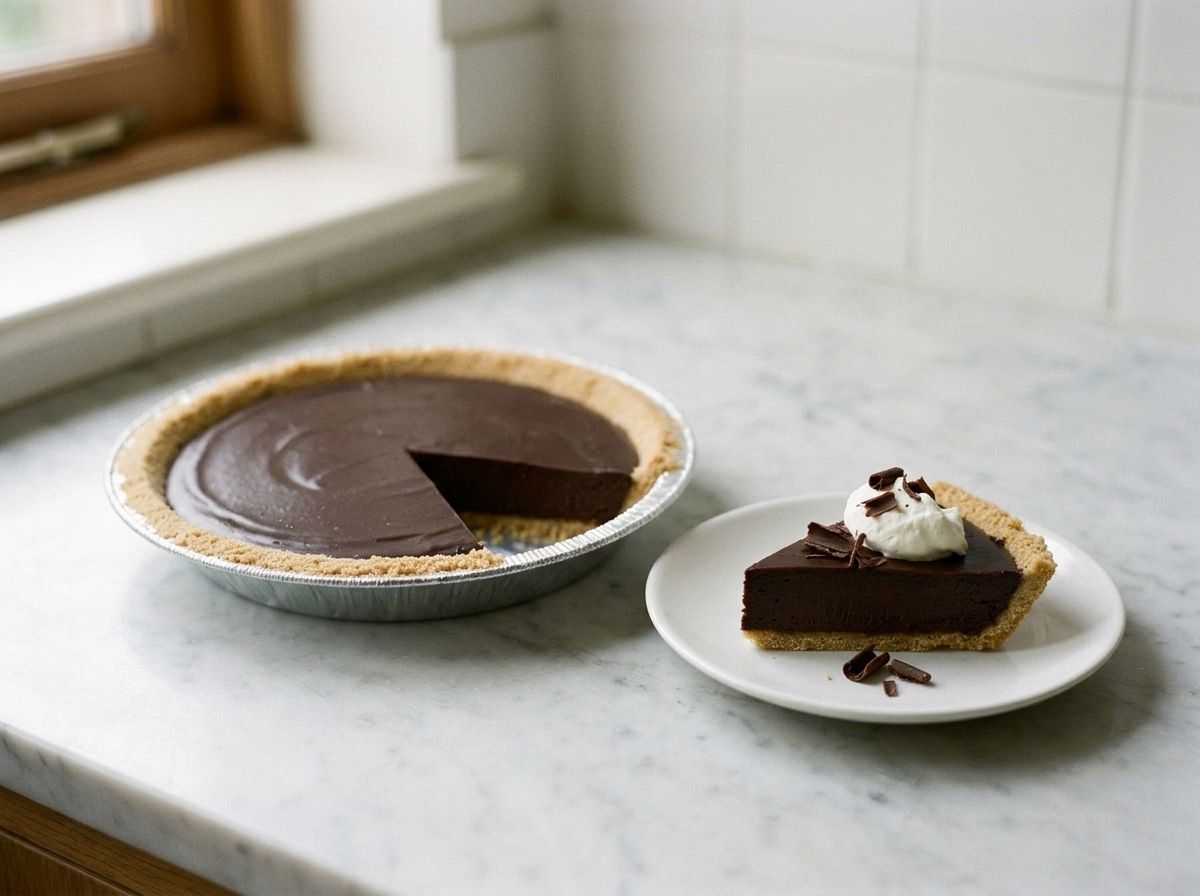 The set pie cut into wedges, one slice plated with whipped cream and dark chocolate curls