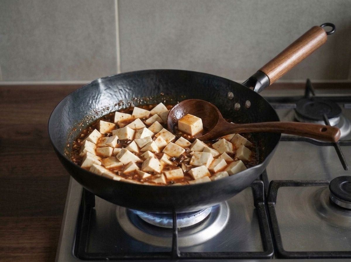 A full pan of silken tofu cubes added to the simmering sauce, lifted gently with the back of a wooden ladle rather than stirred.