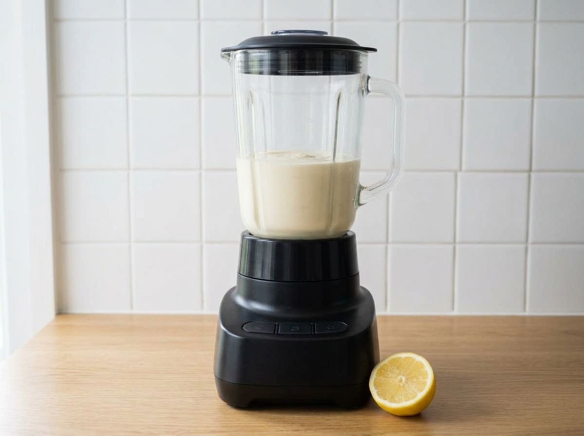 Smooth, pale cream-colored cashew Alfredo sauce in a blender jug, blended until completely lump-free