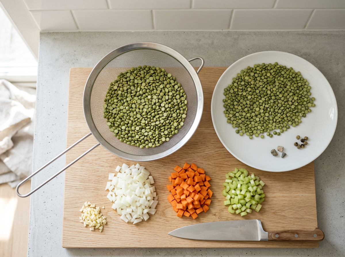 Rinsed dried split peas draining in a sieve beside a plate of sorted peas with grit picked out, and piles of diced onion, carrot and celery