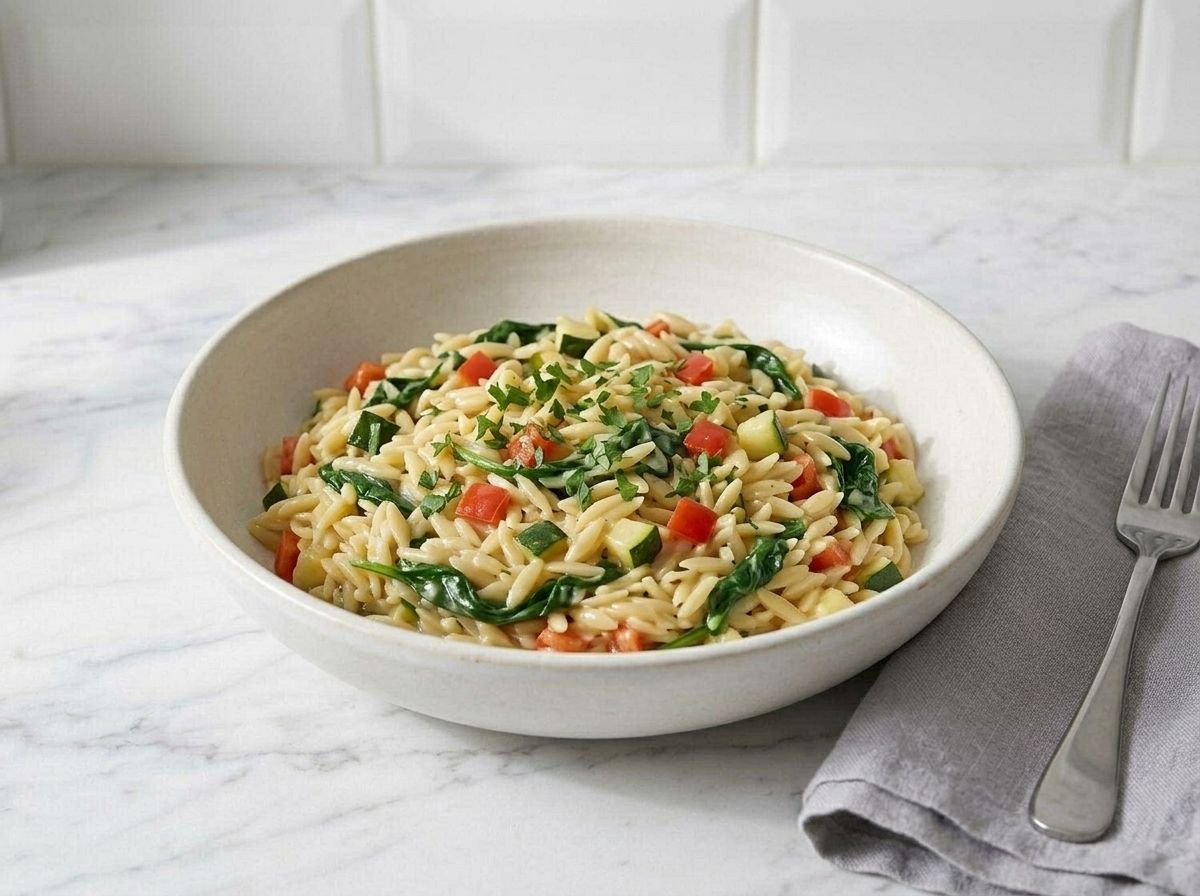 A bowl of finished veggie orzo pasta with red pepper, zucchini, spinach and chopped parsley.
