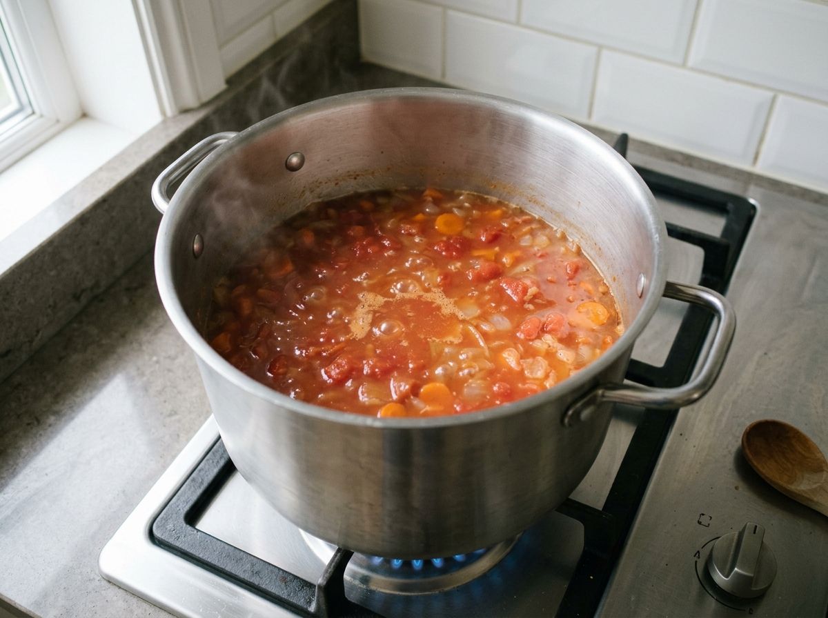 Vegetable broth and canned tomatoes coming to a boil with the carrots and onion