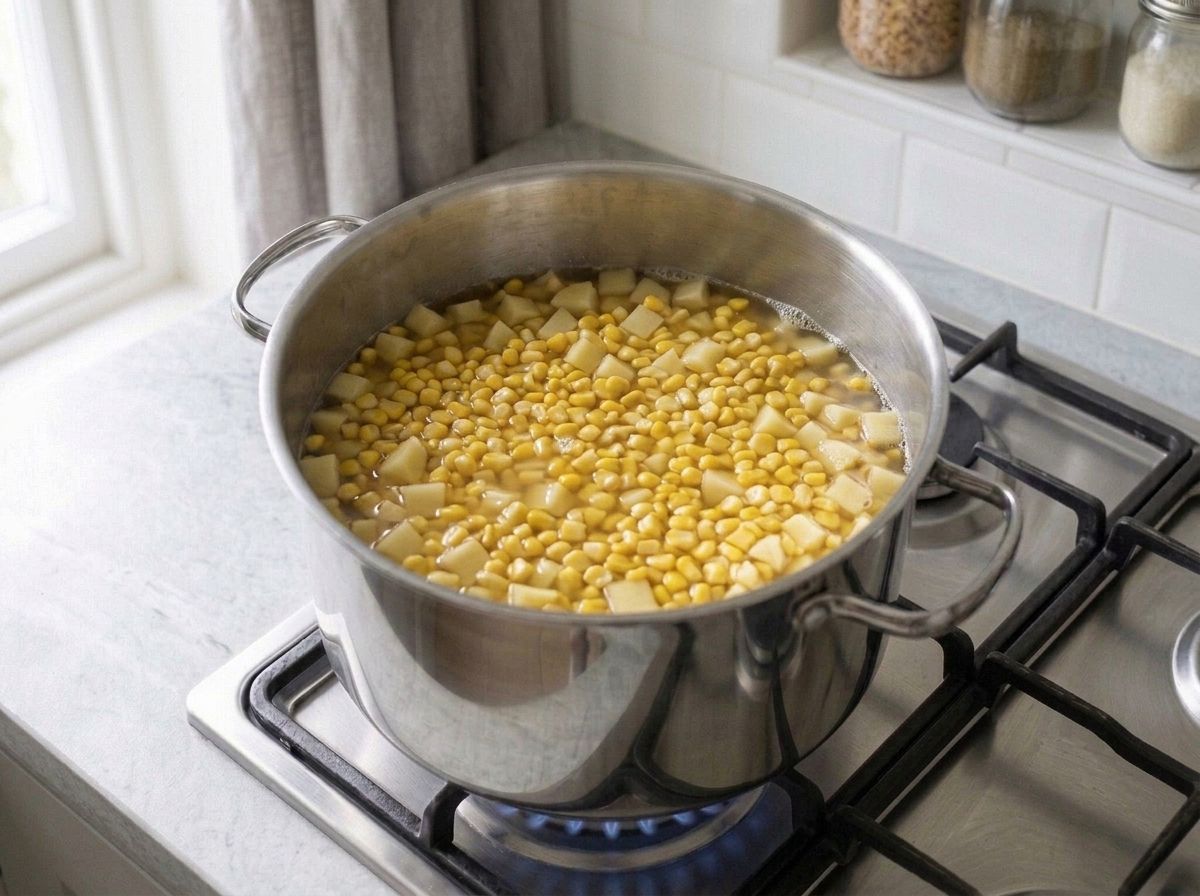 Corn kernels stirred into the pot of potato and broth, crowding the surface at a gentle simmer