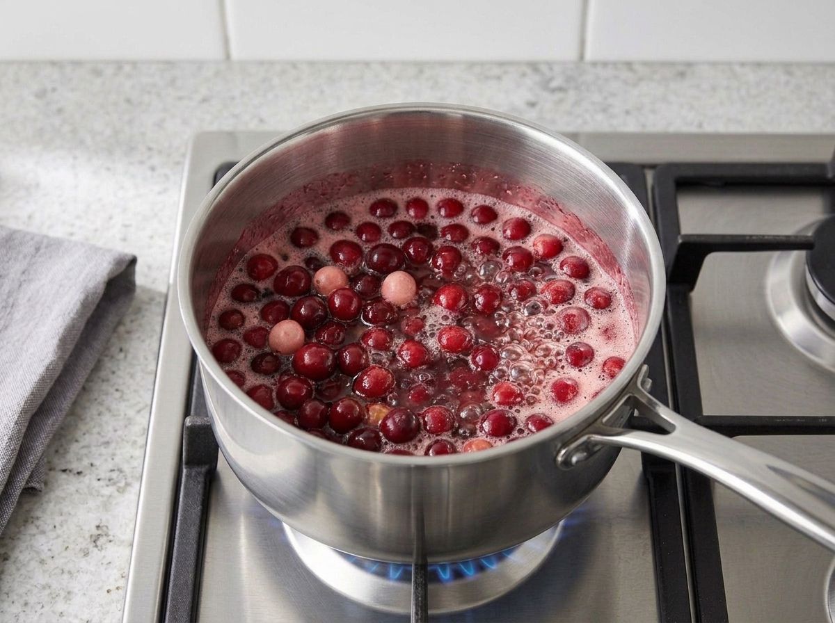 The cranberry mixture at a rolling boil, the sugar dissolved and the berries still whole