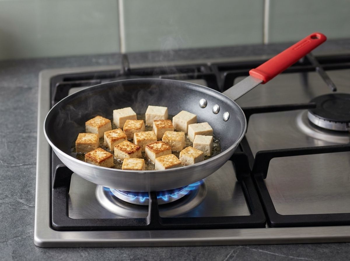 Cubes of tofu frying in a single layer, one face turned deep golden brown