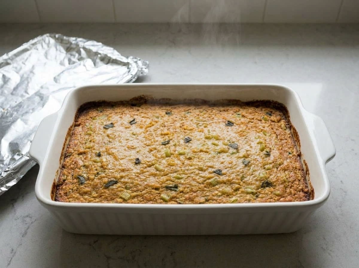 The baked dressing with the foil off, its top mottled deep golden brown and craggy.