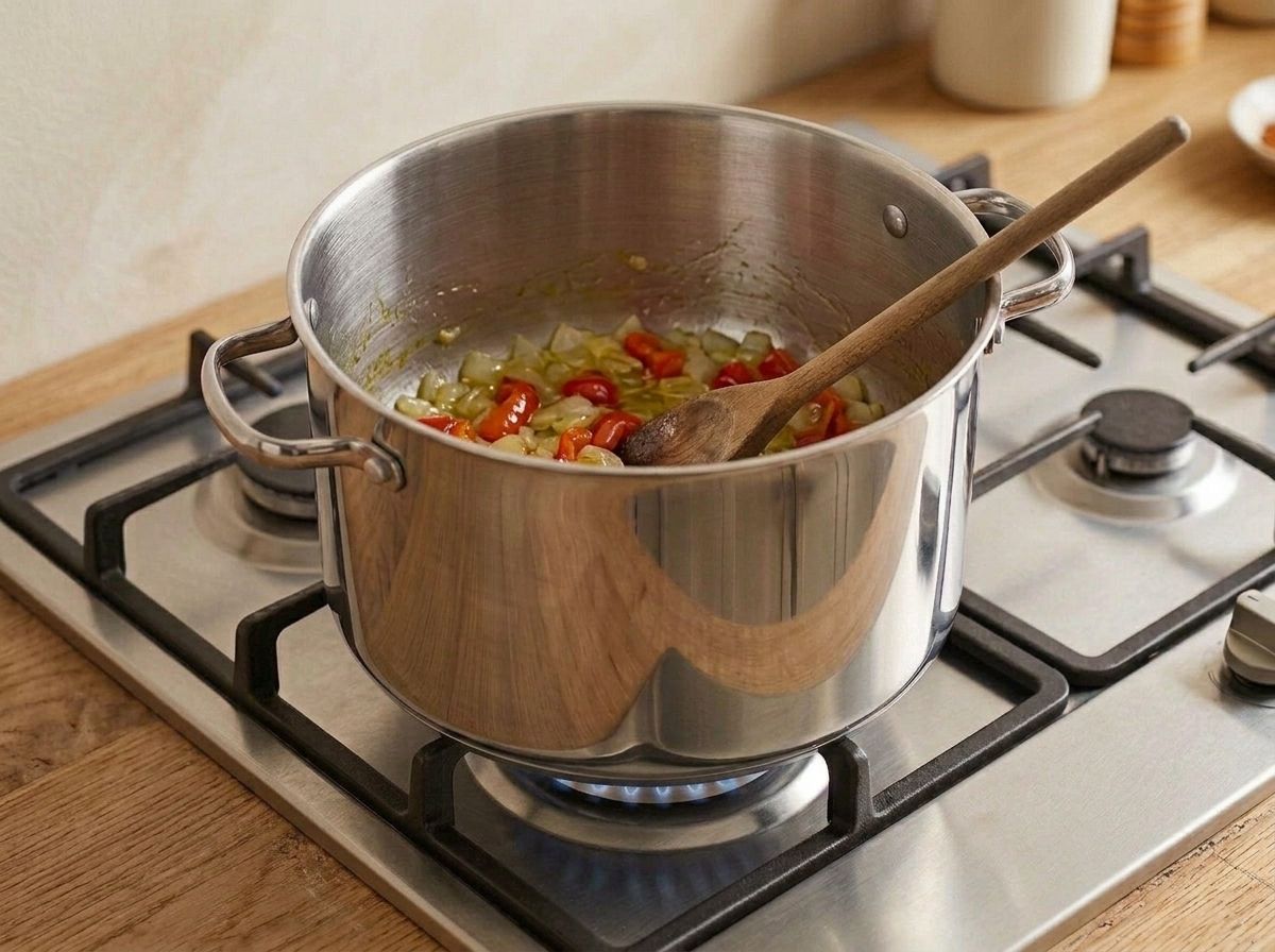 Chopped onion and red bell pepper softening in olive oil in the stockpot