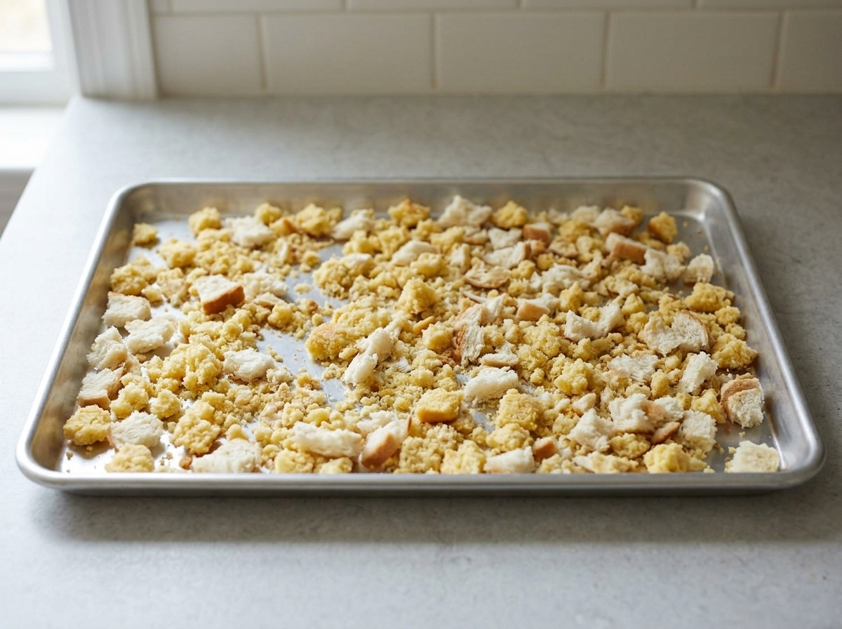 Crumbled cornbread and torn white bread spread over a baking sheet to dry out.