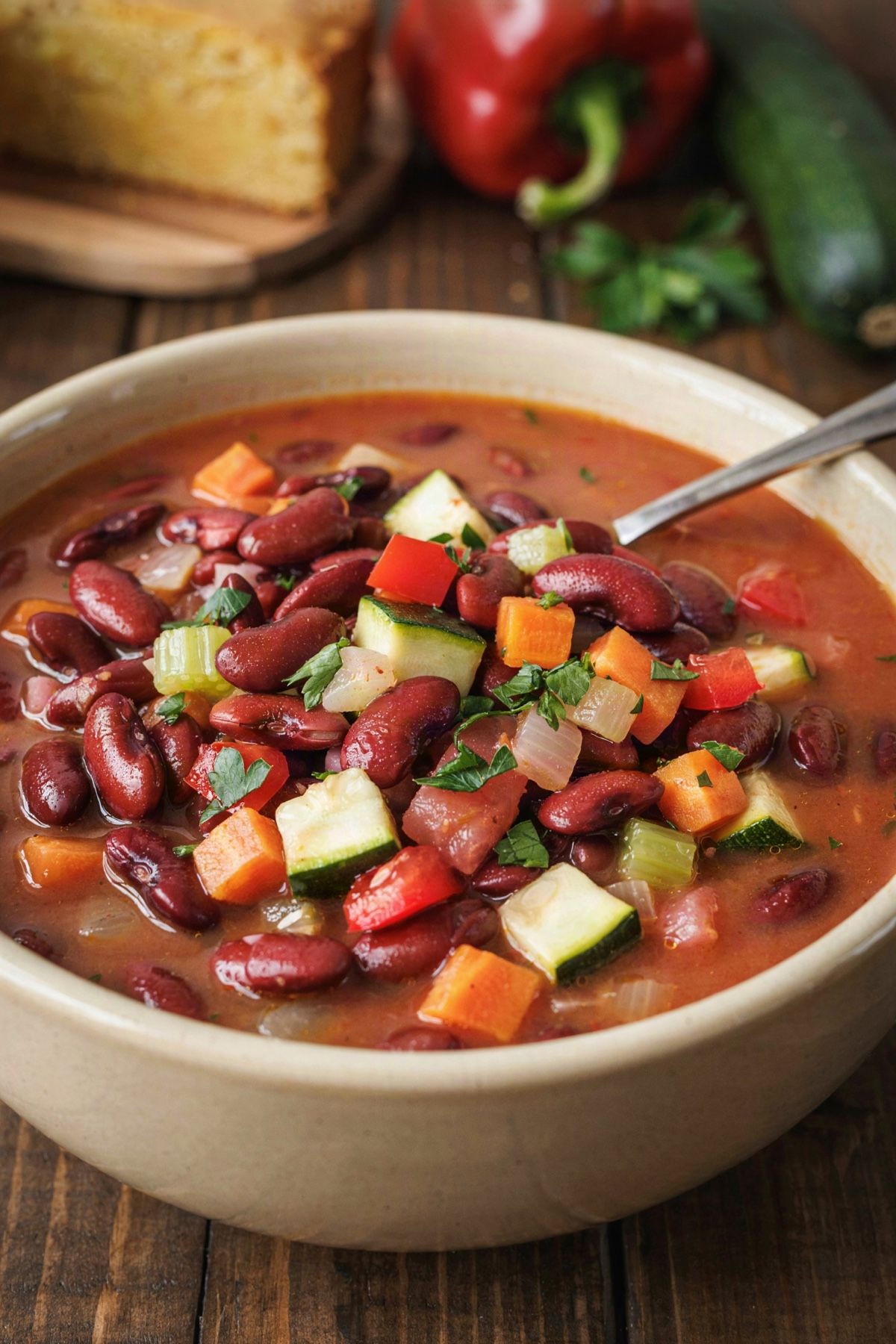 Bean and vegetable soup in a cream stoneware bowl, red kidney beans with diced carrot, red pepper, tomato and zucchini in a thick tomato broth, scattered with chopped parsley