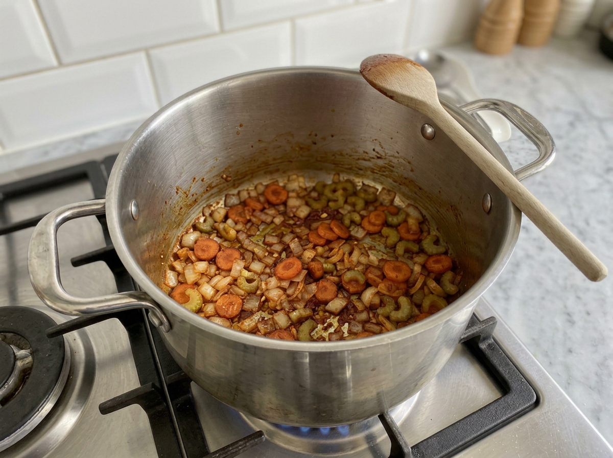 Tomato paste and garlic fried into the softened vegetables until the paste darkens to brick red.
