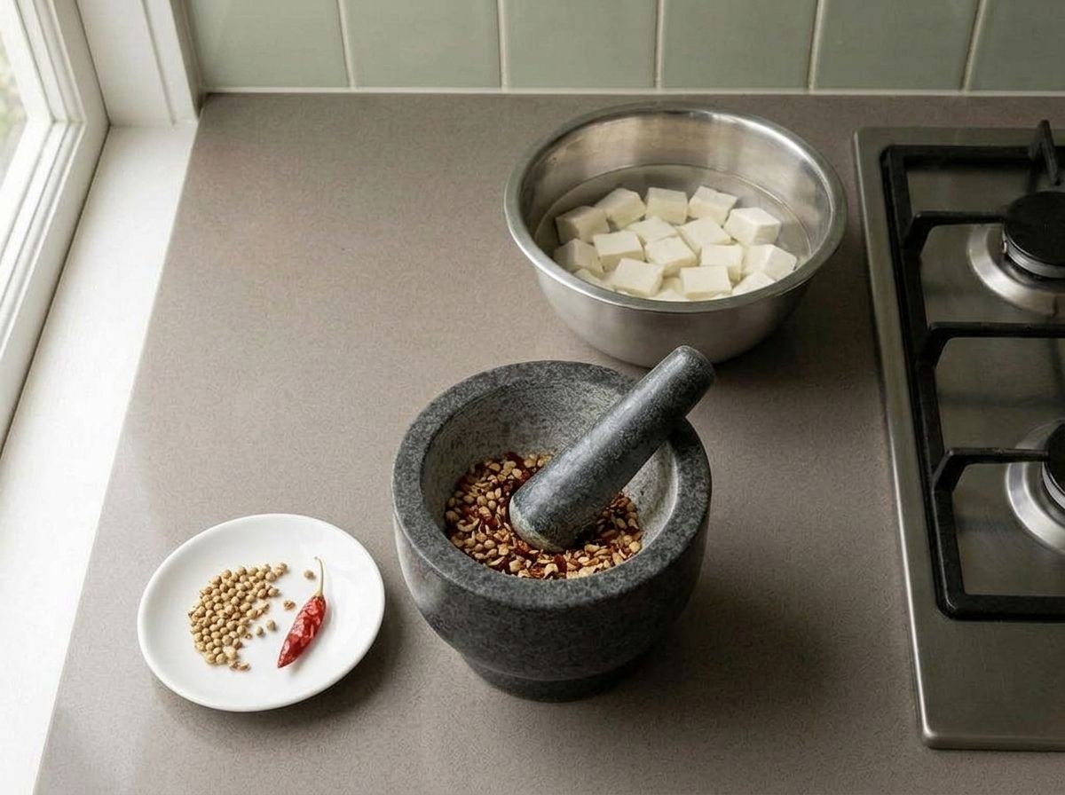 Toasted kadai masala spices crushed coarsely in a granite mortar