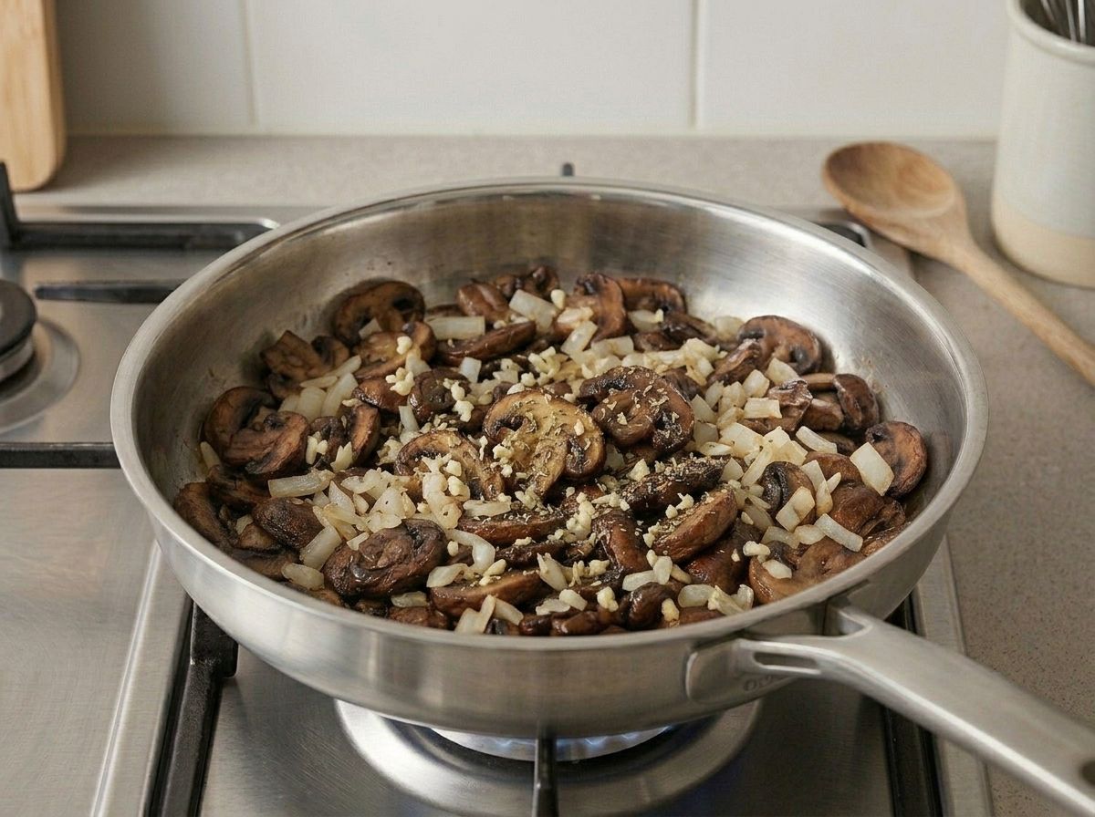 Chopped onion, garlic and dried thyme stirred in on top of the browned mushrooms.